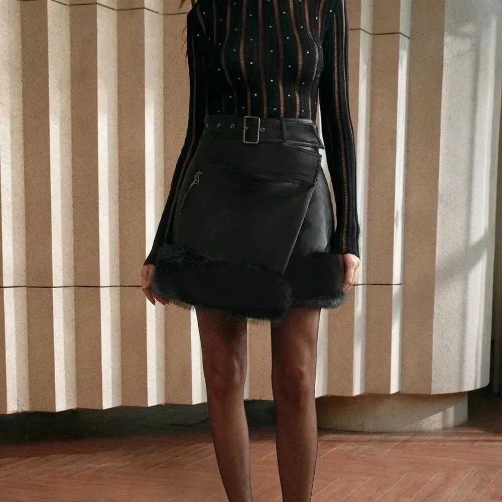Black Casual Women's Cinched Waist Thickened Faux Fur Leather Mini Skirt